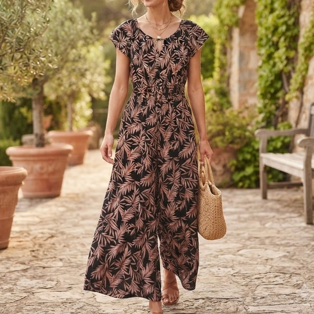 Tahari Linen Blend Palm Leaf Smocked Waist Wide Leg Jumpsuit‎ Black Tan